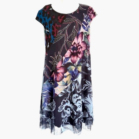 Desigual Stretch Mesh Dress Size Small S Black Floral Print Cap Sleeve 2 Layer - Picture 1 of 5